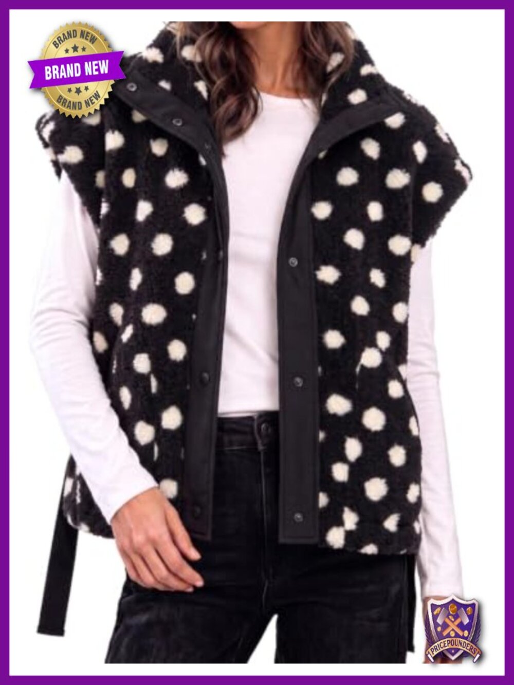 Fleece Sherpa Vest Oversized Polka Dot Sleeveless Snap Button Fuzzy with Pockets